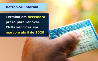 DETRAN.SP INFORMA: TERMINA EM DEZEMBRO PRAZO PARA RENOVAR CNHS VENCIDAS EM MARÇO E ABRIL DE 2020